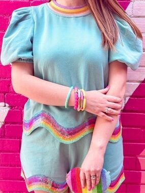 Queen of Sparkles Teal Puff-Sleeve Top with Rainbow Sequin Hem
